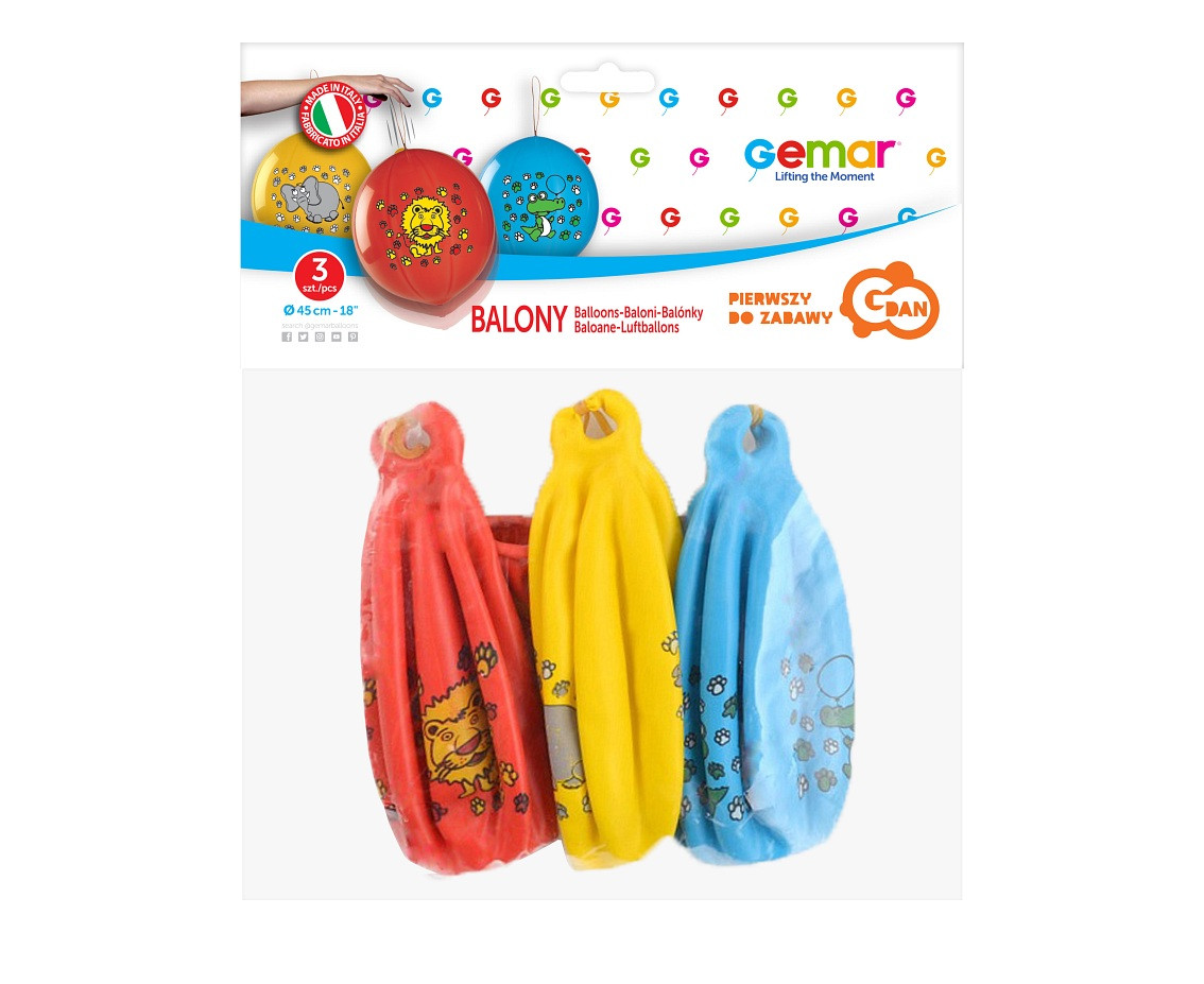 Balony Gemar, pastel premium zwierzęta, piłki z gumką, 3szt.