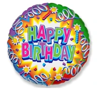 Foil balloon 18" FX - Happy Birthday (streamers) (round),  unpacked (flat)