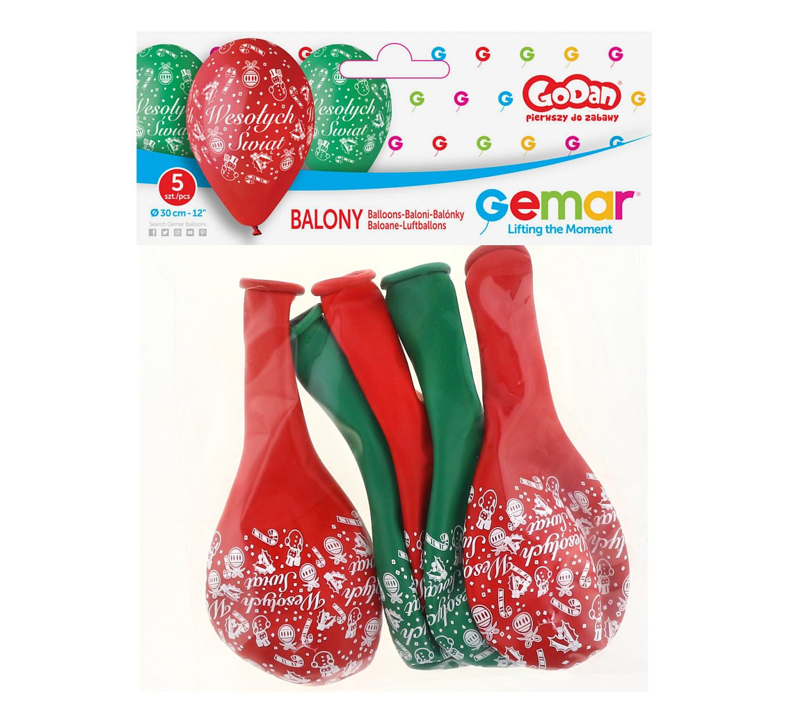 Balloons Gemar 12", pastel premium "wesołych świąt", red and green, 5pcs