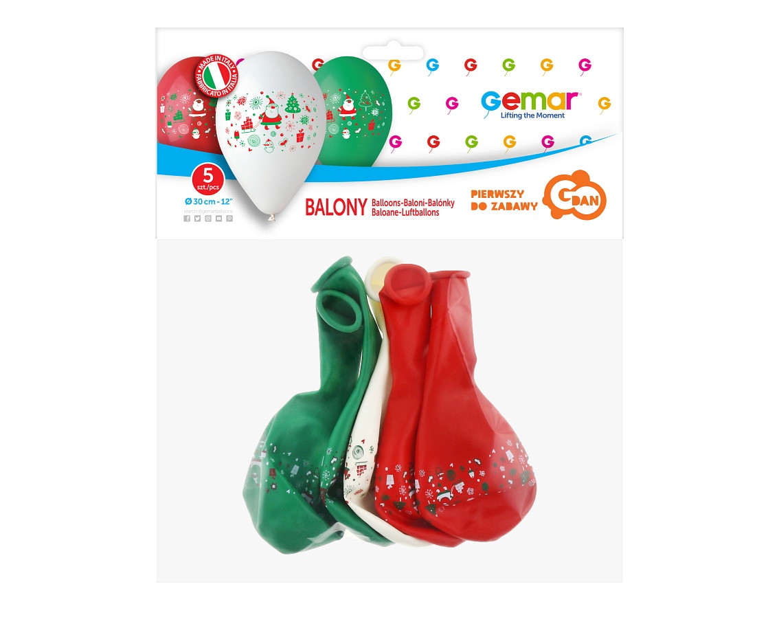 Balloons Gemar 12", pastel premium balloon "santa claus"; red, green and white, 5pcs EOL