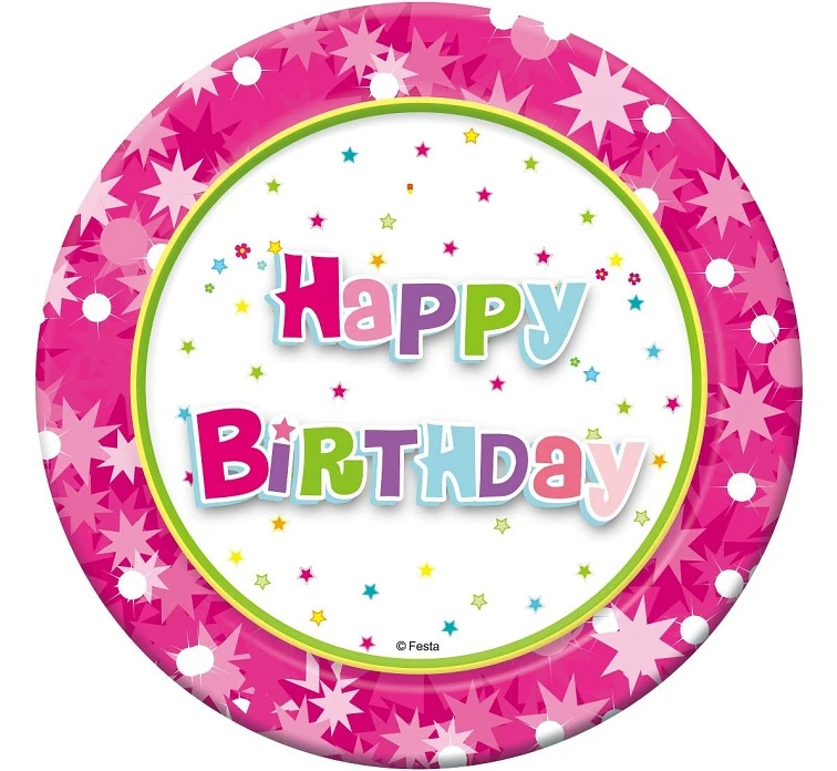 Paper plates "Happy Birthday - pink", 18 cm, 6 pcs EOL