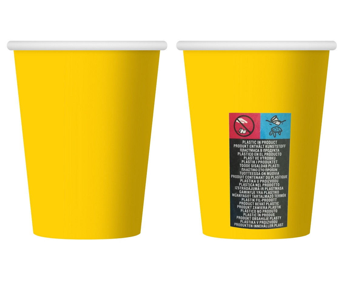 Paper cups, solid colour, yellow, 250 ml / 6 pcs