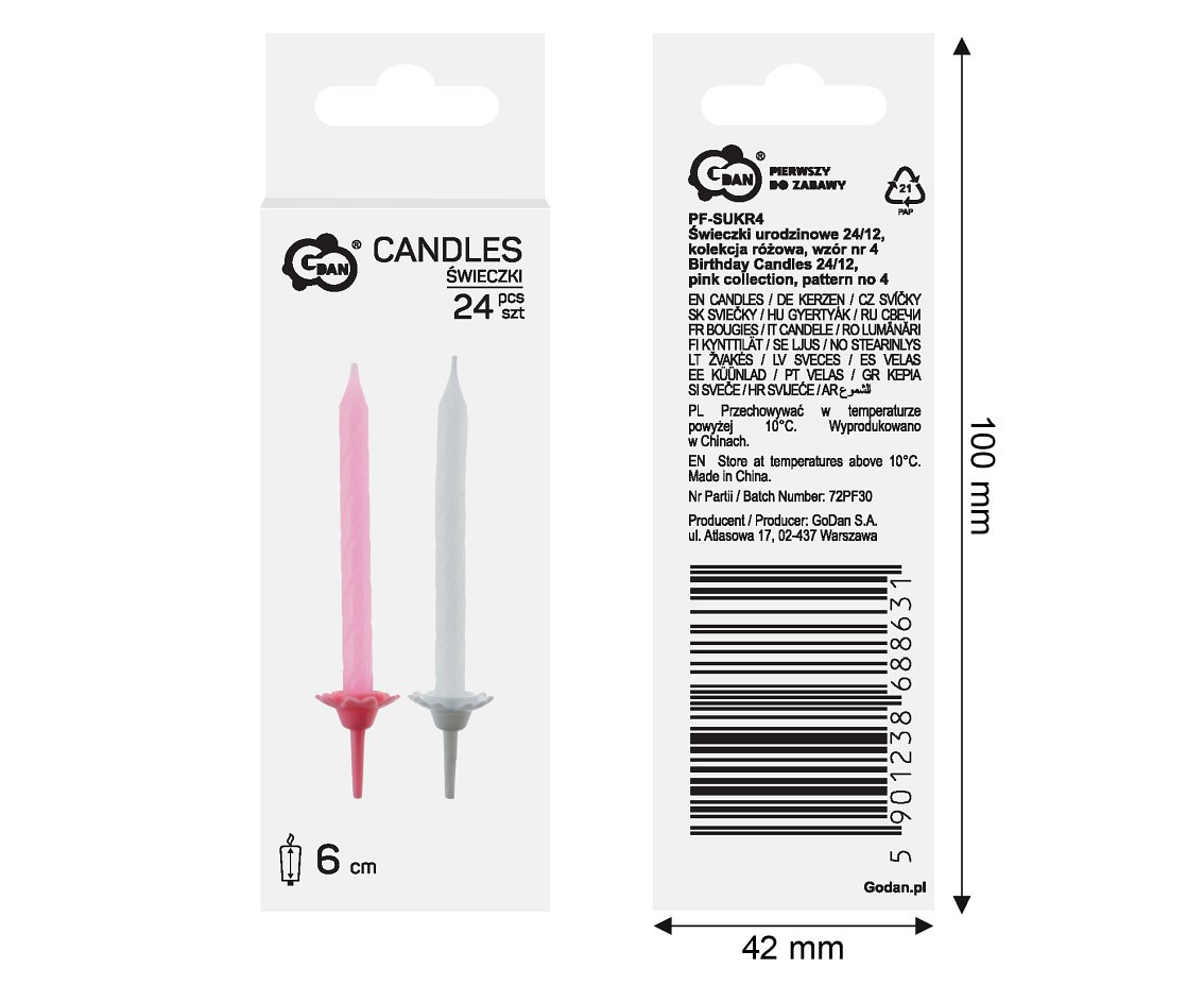 Birthday Candles 24/12, pink collection, pattern no 4, 7,5 cm