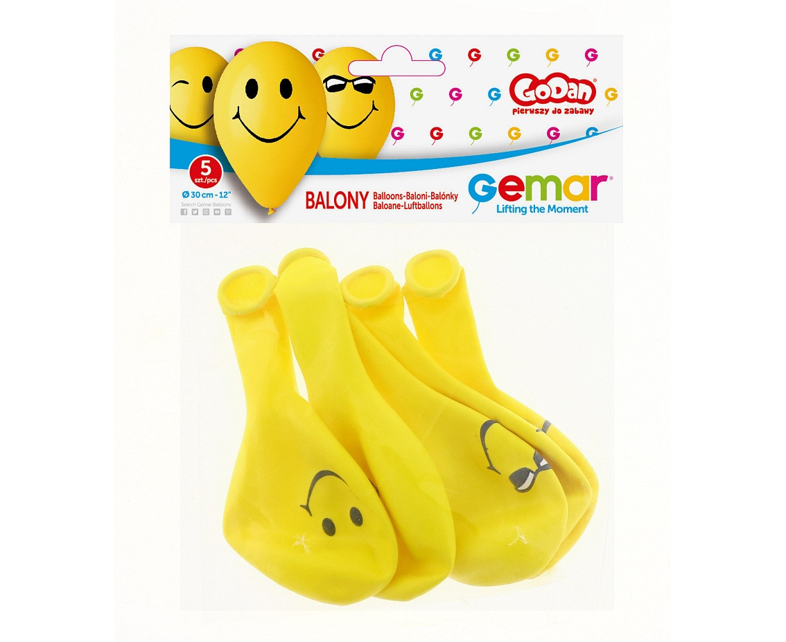 Balloons Gemar 12", pastel premium "3 smiles", yellow, 5pcs