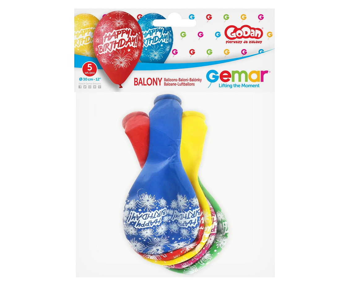 Balloons Gemar 12", pastel balloons premium "happy birthday (fireworks)", 5pcs