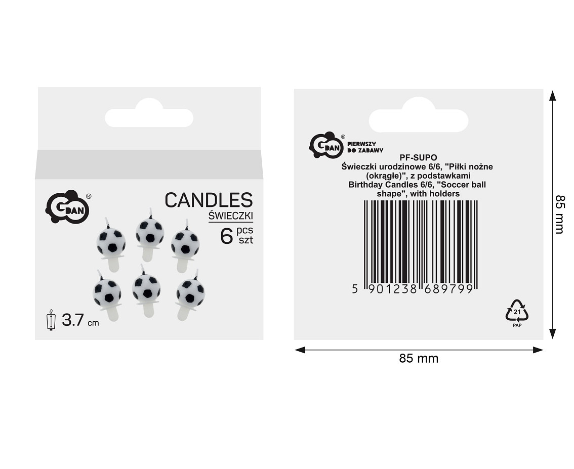 Birthday Candles 6/6, "Soccer ball shape", with holders