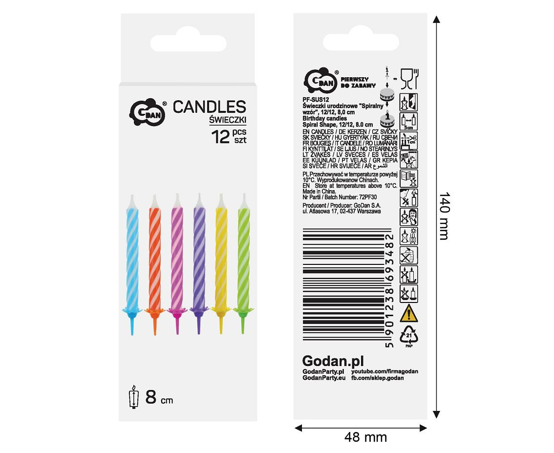 Birthday candles Spiral Shape, 12/12, 8.0 cm