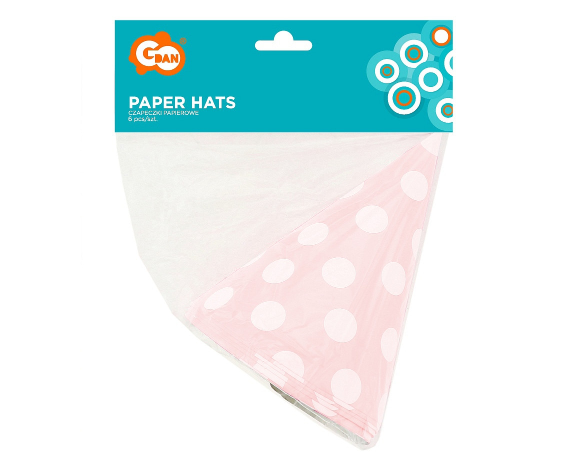 Paper hats Polka Dots, pink, 6 pcs