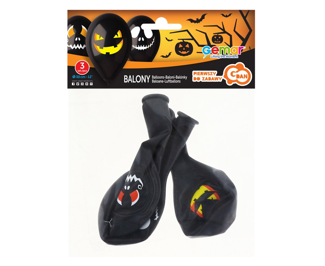 Balloons Gemar 12", pastel premium balloon halloween faces, 3pcs