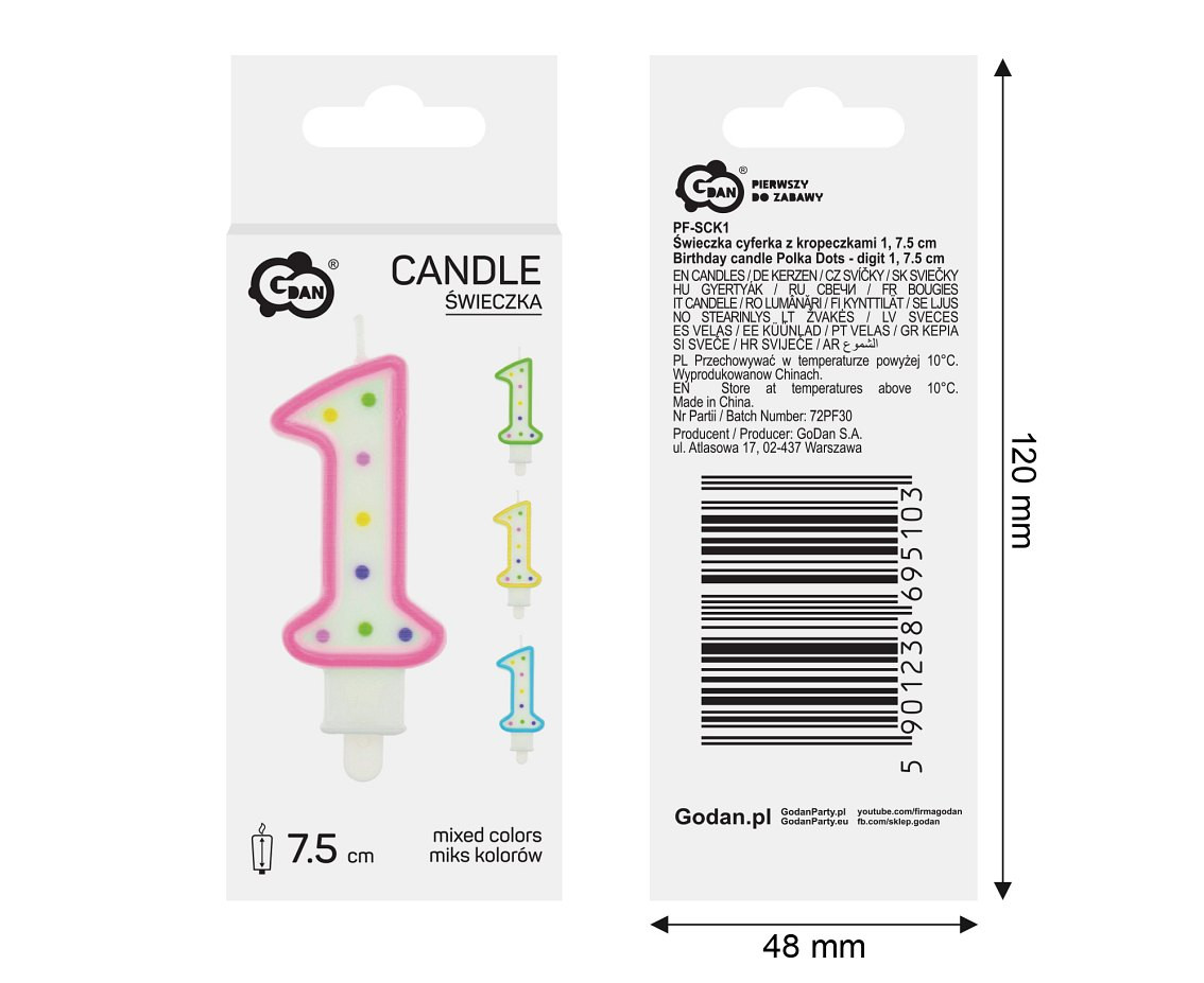Birthday candle Polka Dots - digit 1, 8 cm