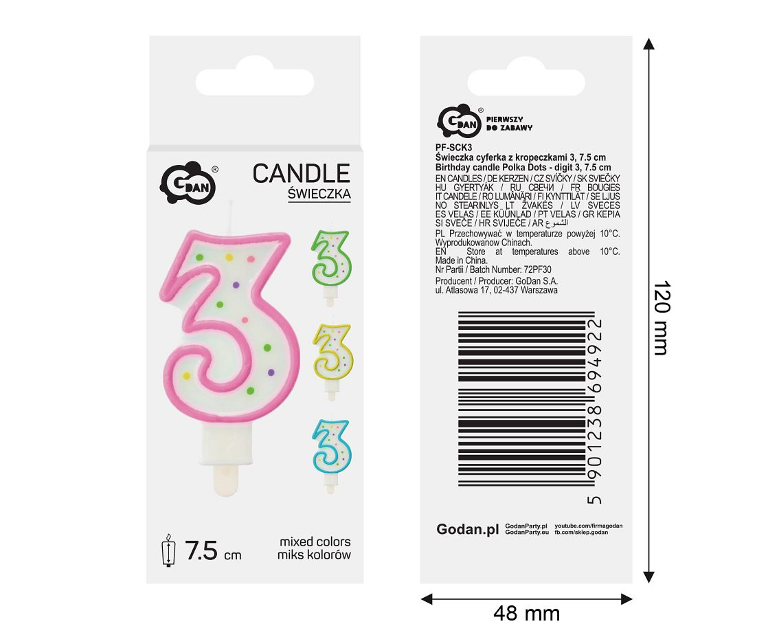 Candle number with dots 3, 8 cm