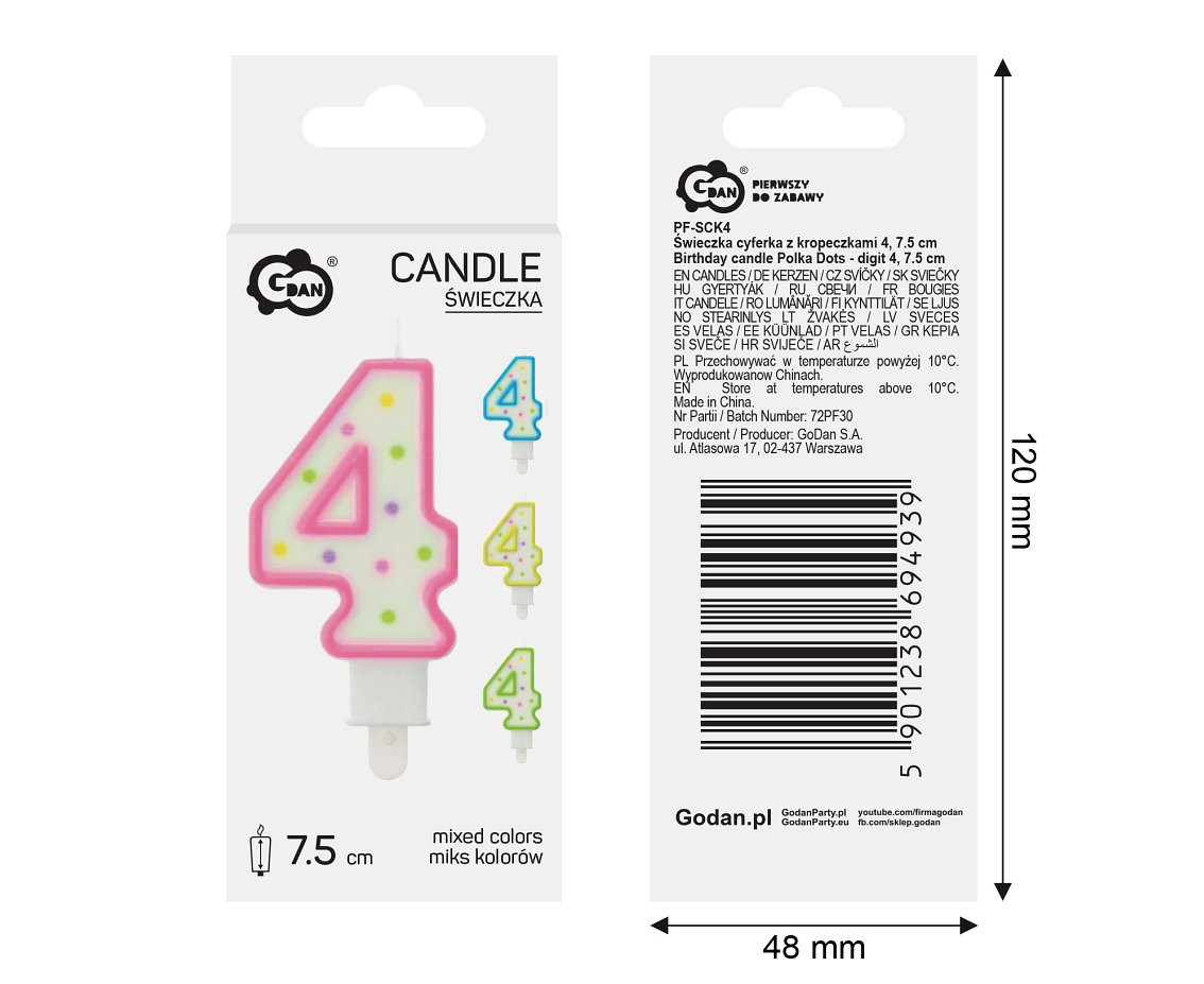 Birthday candle Polka Dots - digit 4, 8 cm