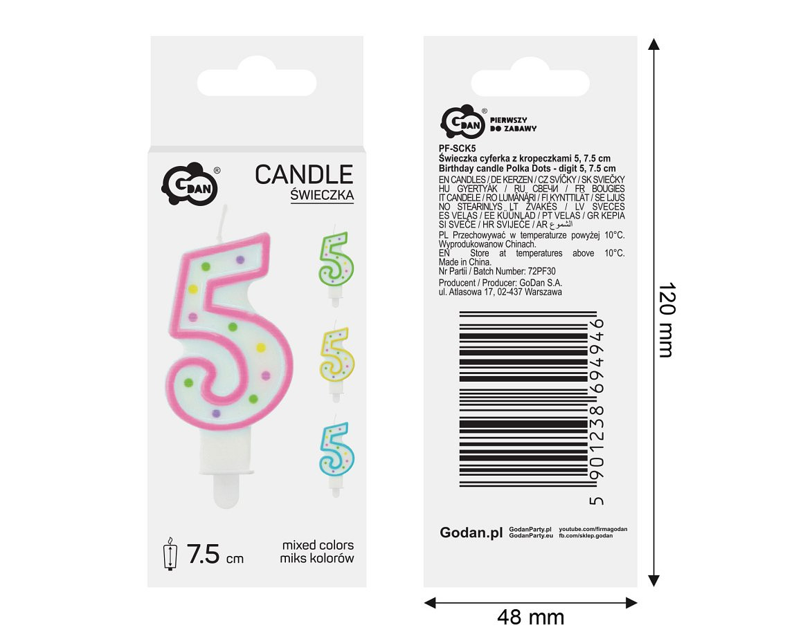 Candle number with dots 5, 8 cm
