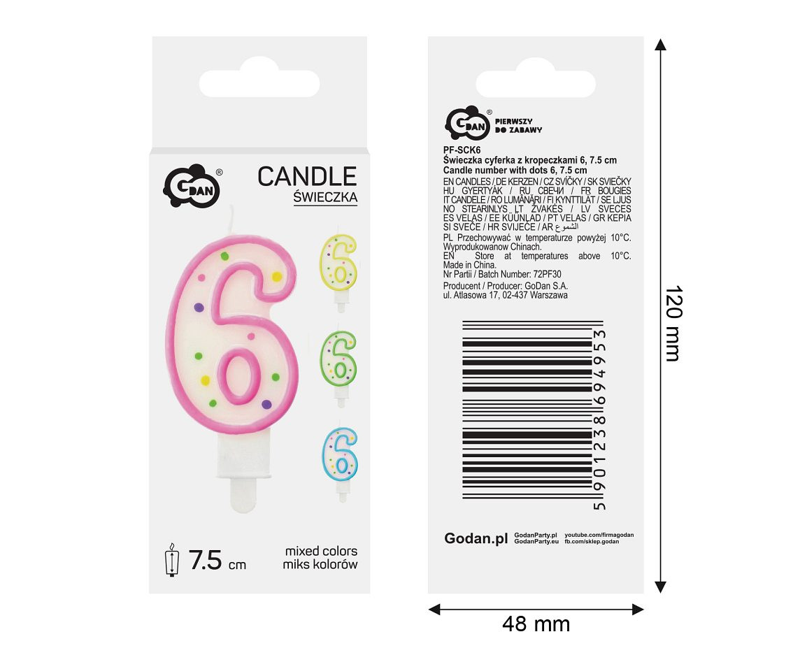 Candle number with dots 6, 8 cm