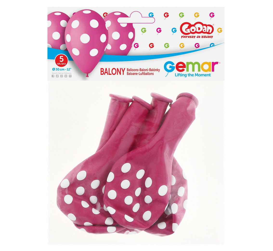 Balloons Gemar 12", pastel premium dots, dark pink, 5pcs