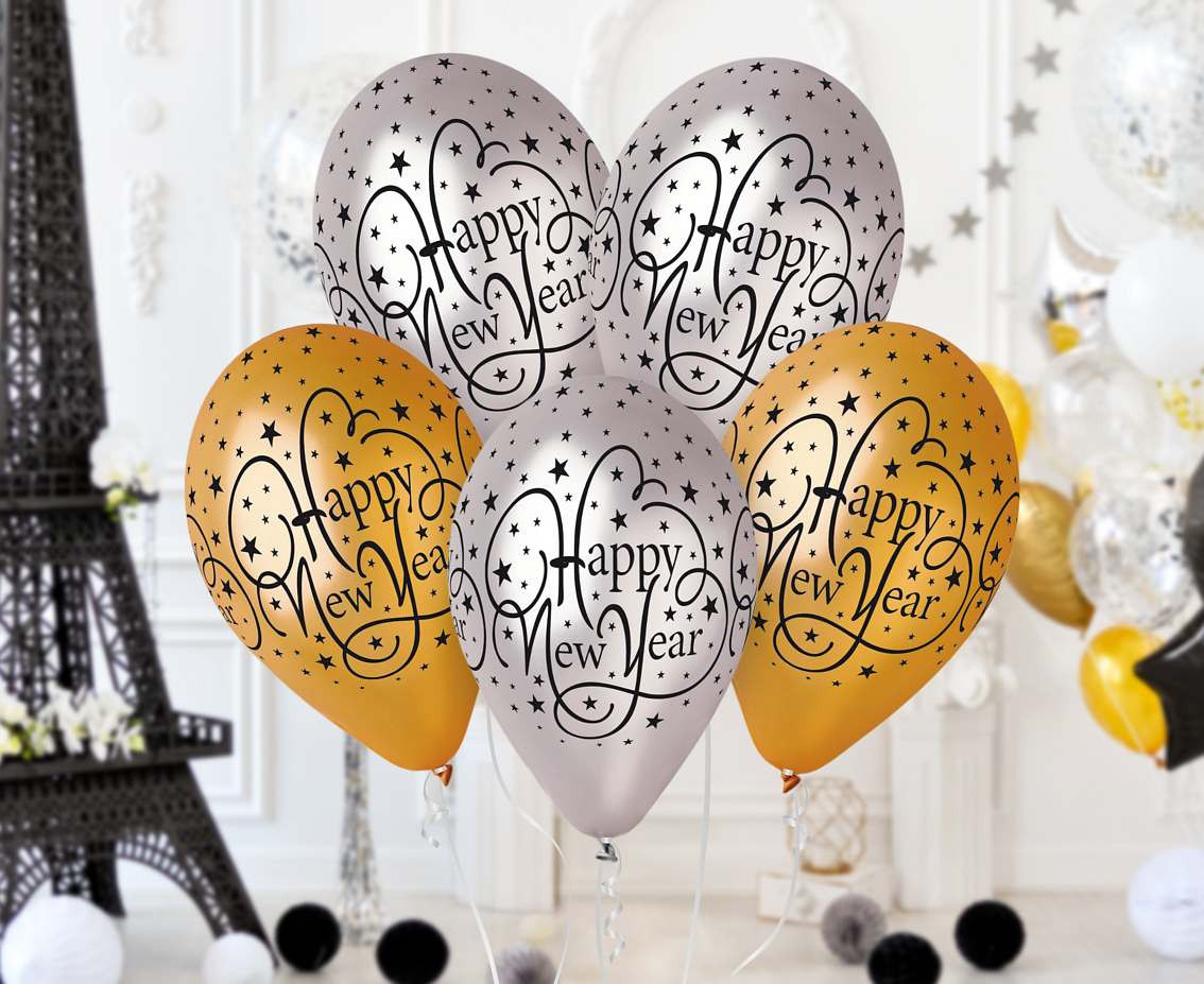 Balloons Gemar 12", pastel premium "happy new year", gold and silver, 6pcs