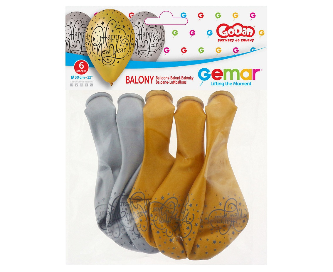 Balloons Gemar 12", pastel premium "happy new year", gold and silver, 6pcs