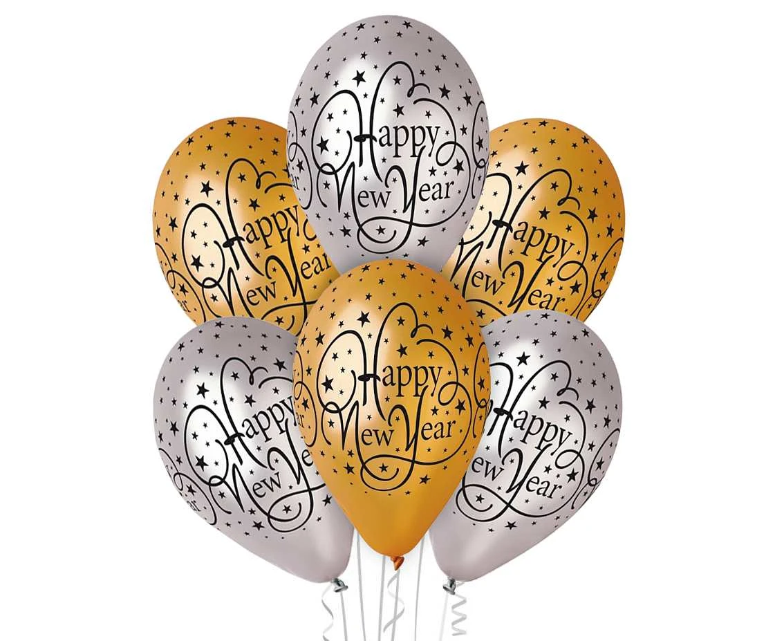 Balloons Gemar 12", pastel premium "happy new year", gold and silver, 6pcs