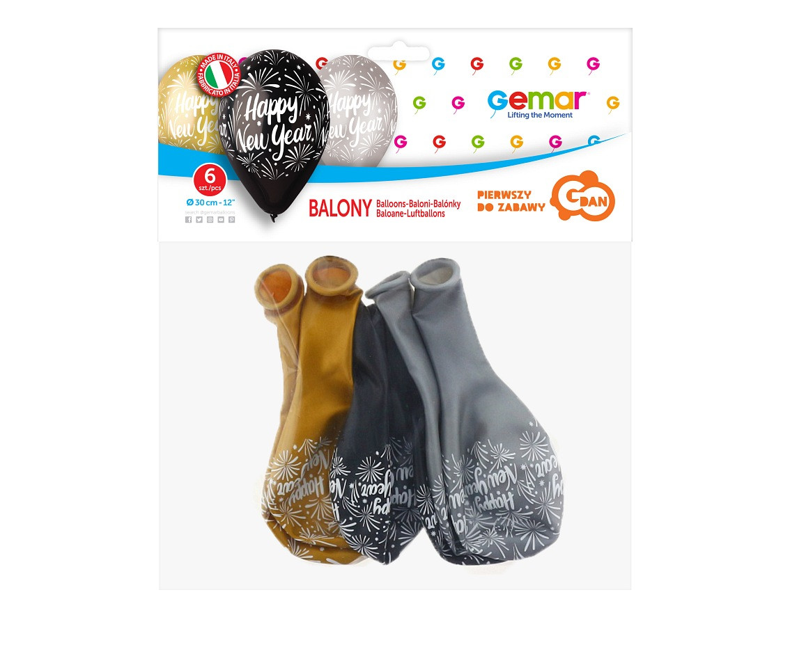Balloons Gemar 12", pastel premium "happy new year", gold, silver and black, 6pcs