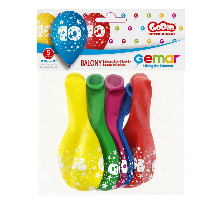 Balloons Gemar 12", with print "10", pastel mix, 5pcs