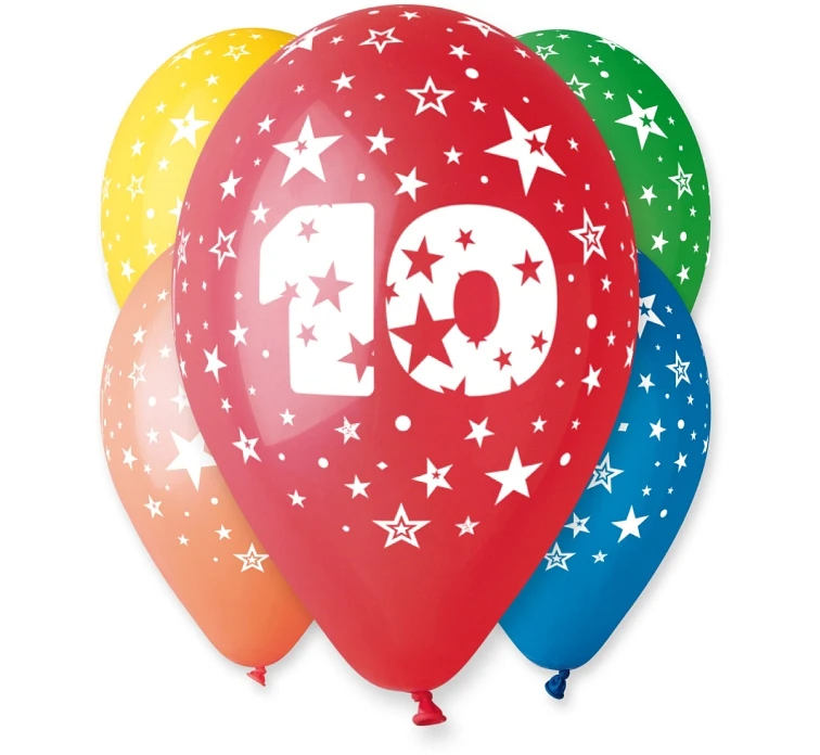 Balloons Gemar 12", with print "10", pastel mix, 5pcs