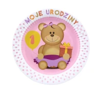 Paper plates "Moje 1 Urodziny", 18 cm, pink EOL