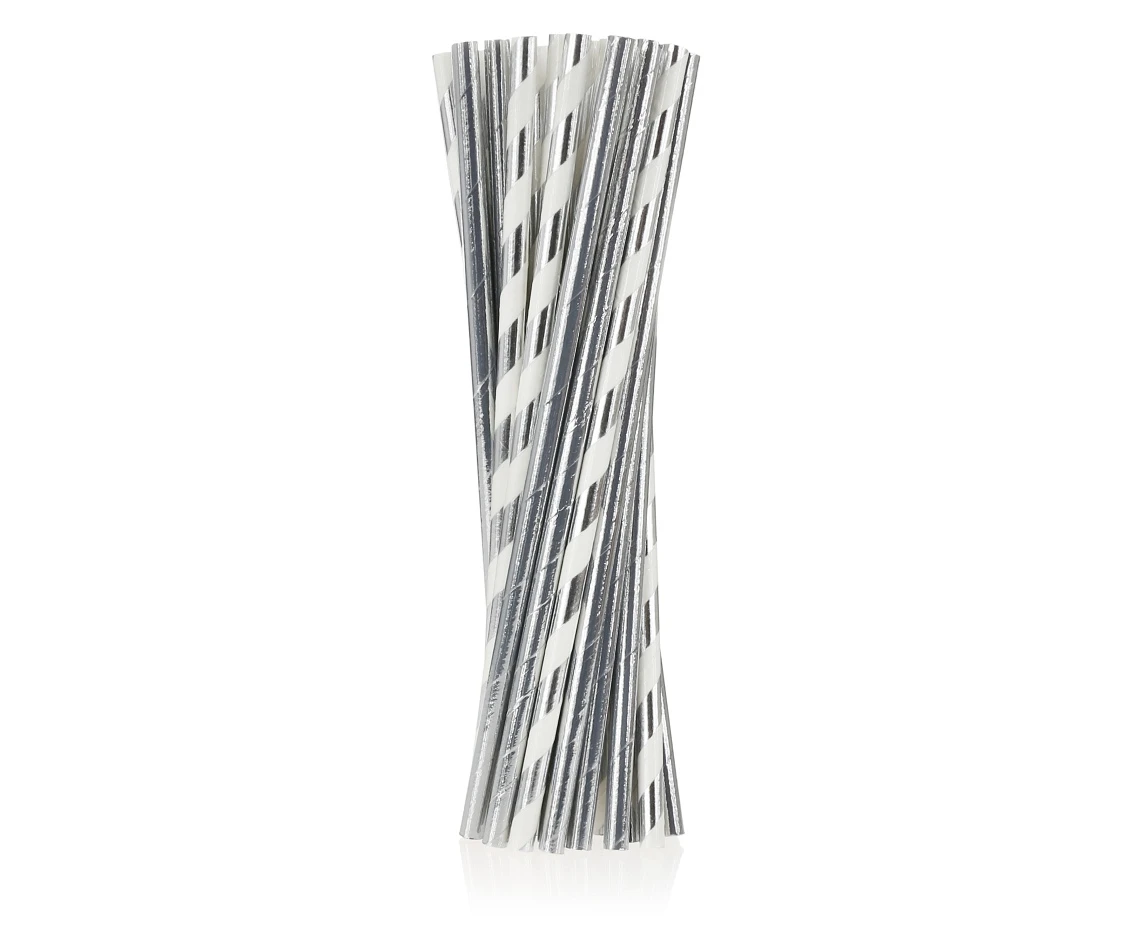 Paper straws, silver mix of two designs, 6x197mm / 24 pcs EOL