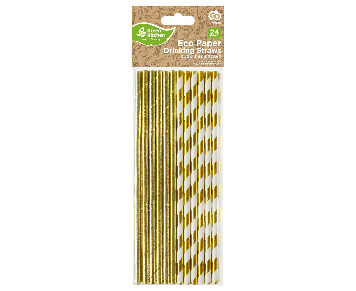 Paper straws, gold, mix of two designs, 6x197mm / 24 pcs