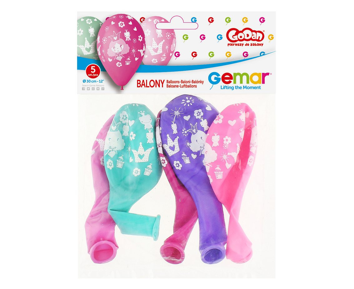Balloons Gemar 12", pastel balloons premium "princess", printed, 1 colour, 5pcs
