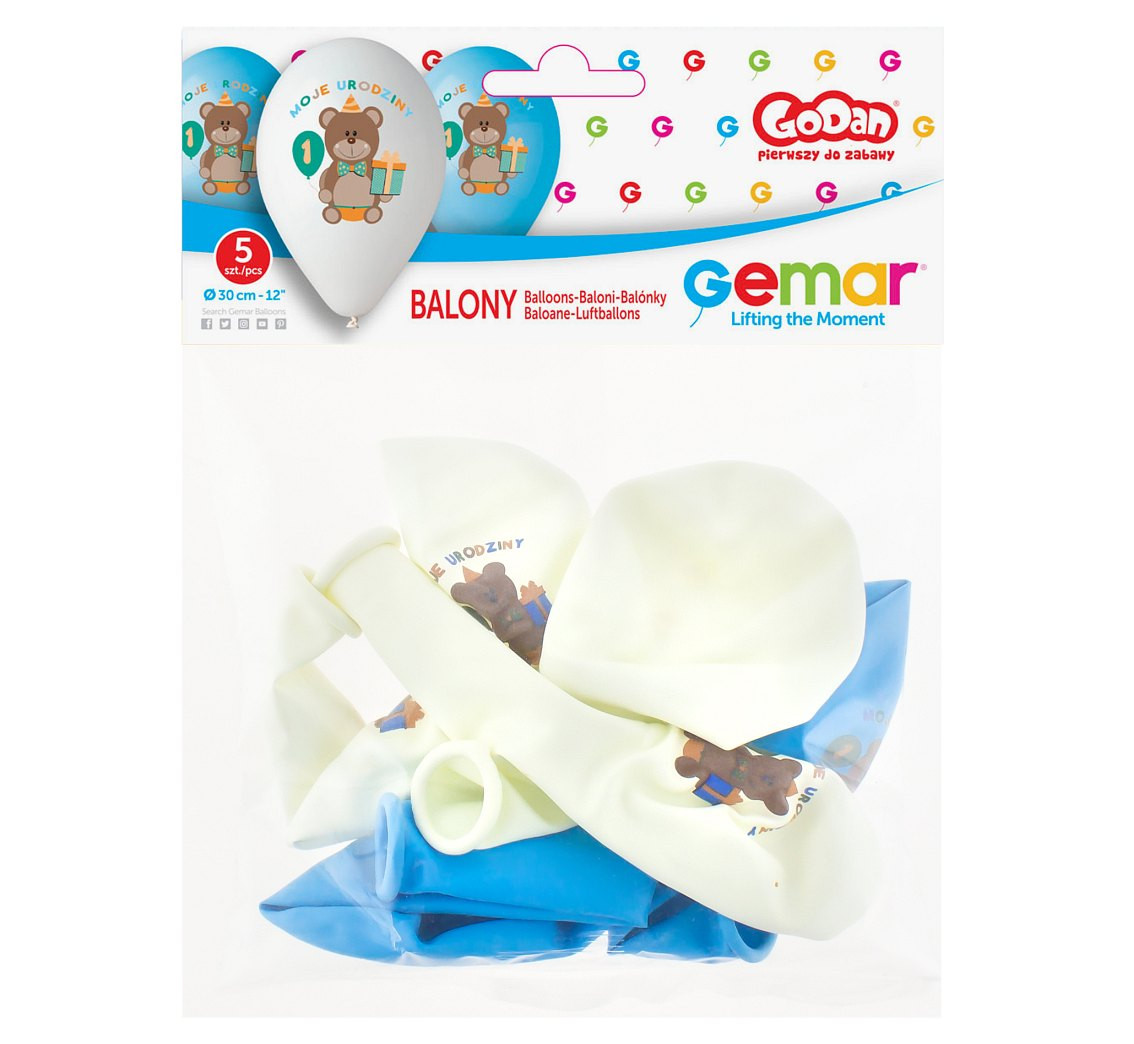 Balloons Gemar 12", premium "moje 1 urodziny", colorful for the boy, 5pcs EOL