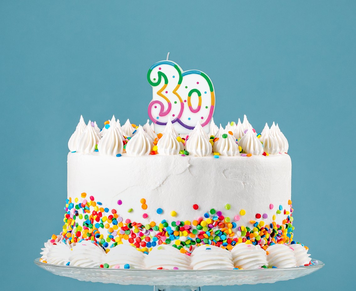 Birthday candle with number "30", rainbow outline EOL