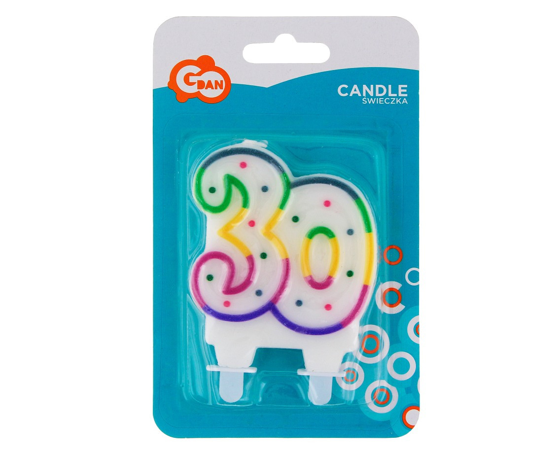 Birthday candle with number "30", rainbow outline EOL