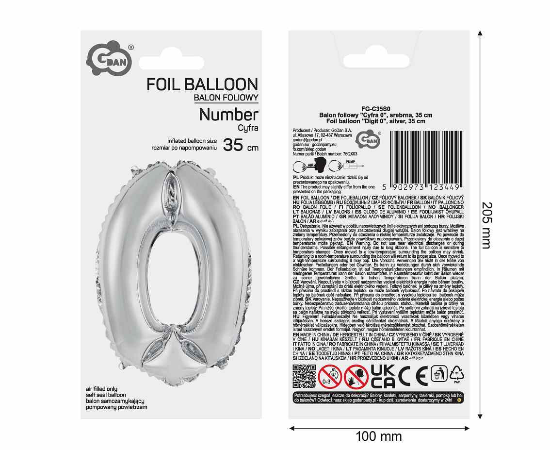 Foil balloon "Digit 0" , silver, 35 cm EOL