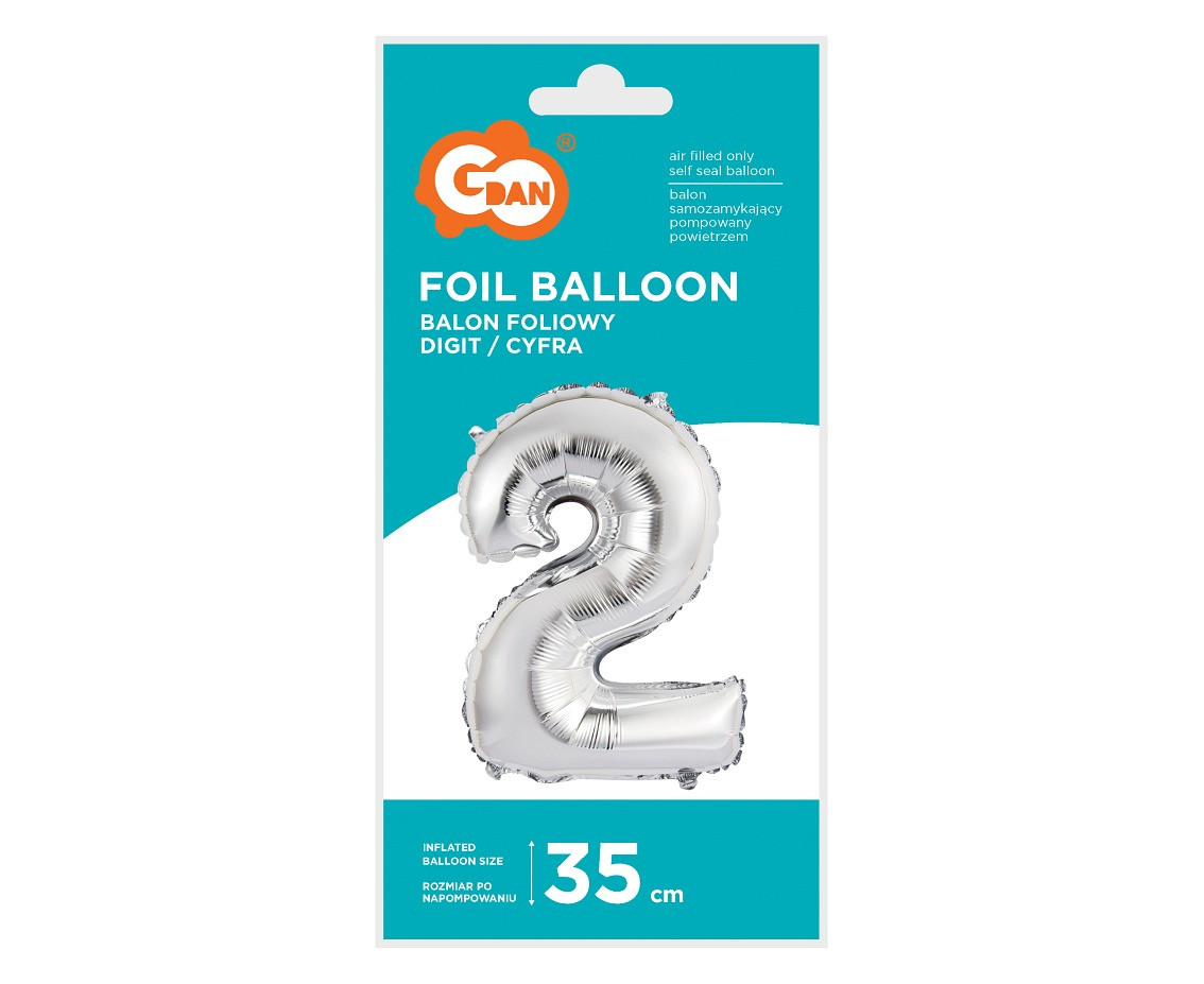 Foil balloon "Digit 2" , silver, 35 cm EOL