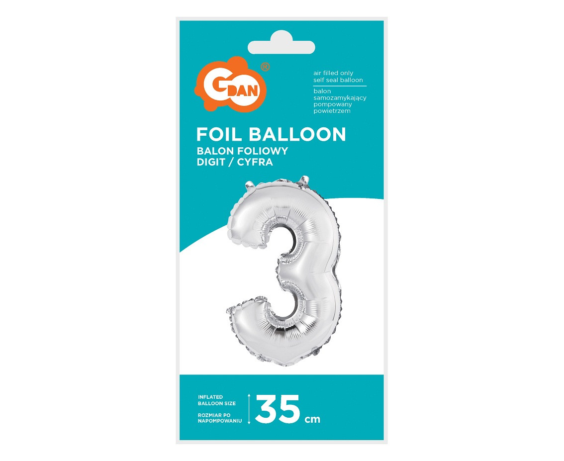 Foil balloon "Digit 3" , silver, 35 cm EOL