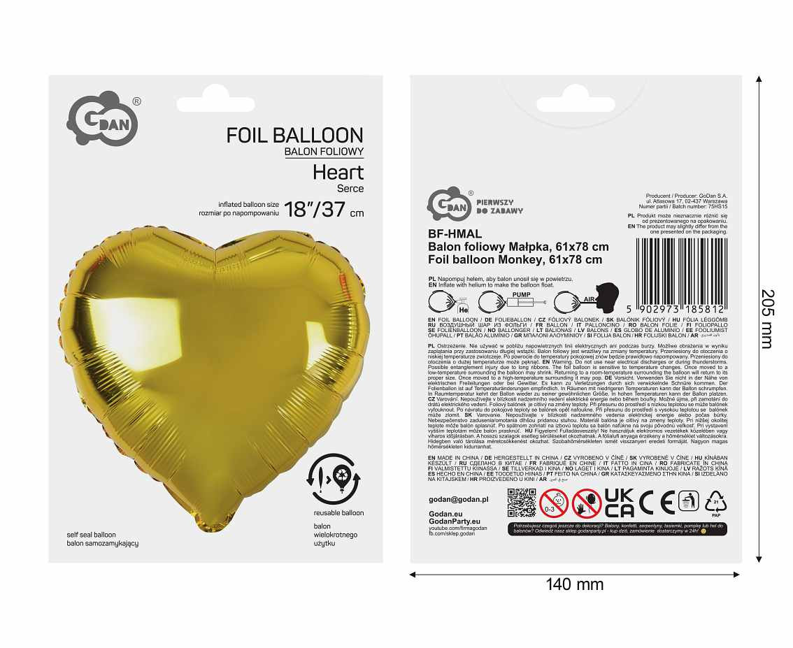 Foil balloon "Heart" , gold, 18"