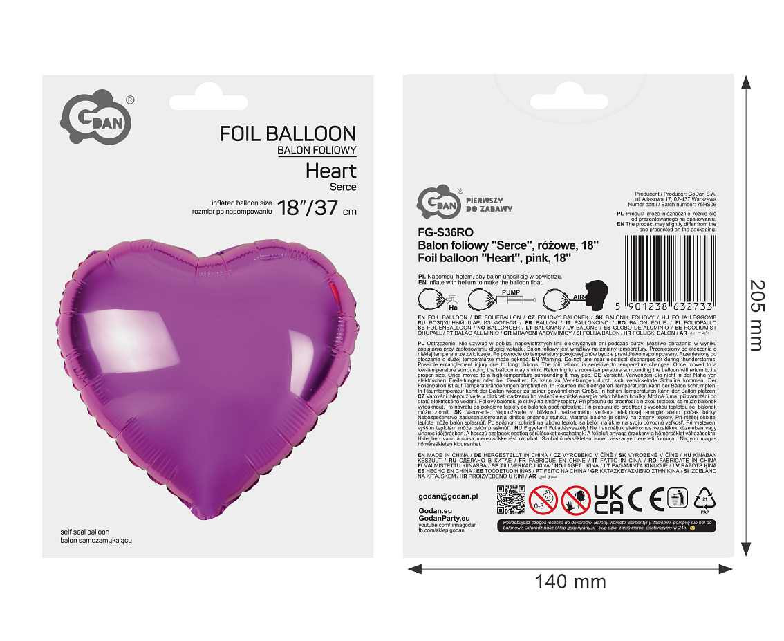 Foil balloon "Heart", pink, 18"