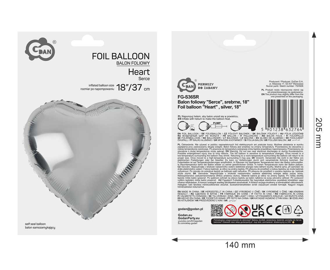 Foil balloon "Heart" , silver, 18"