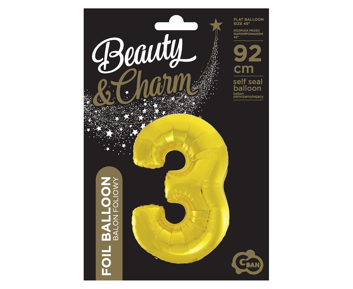 Foil balloon B&C digit 3, gold, 92 cm