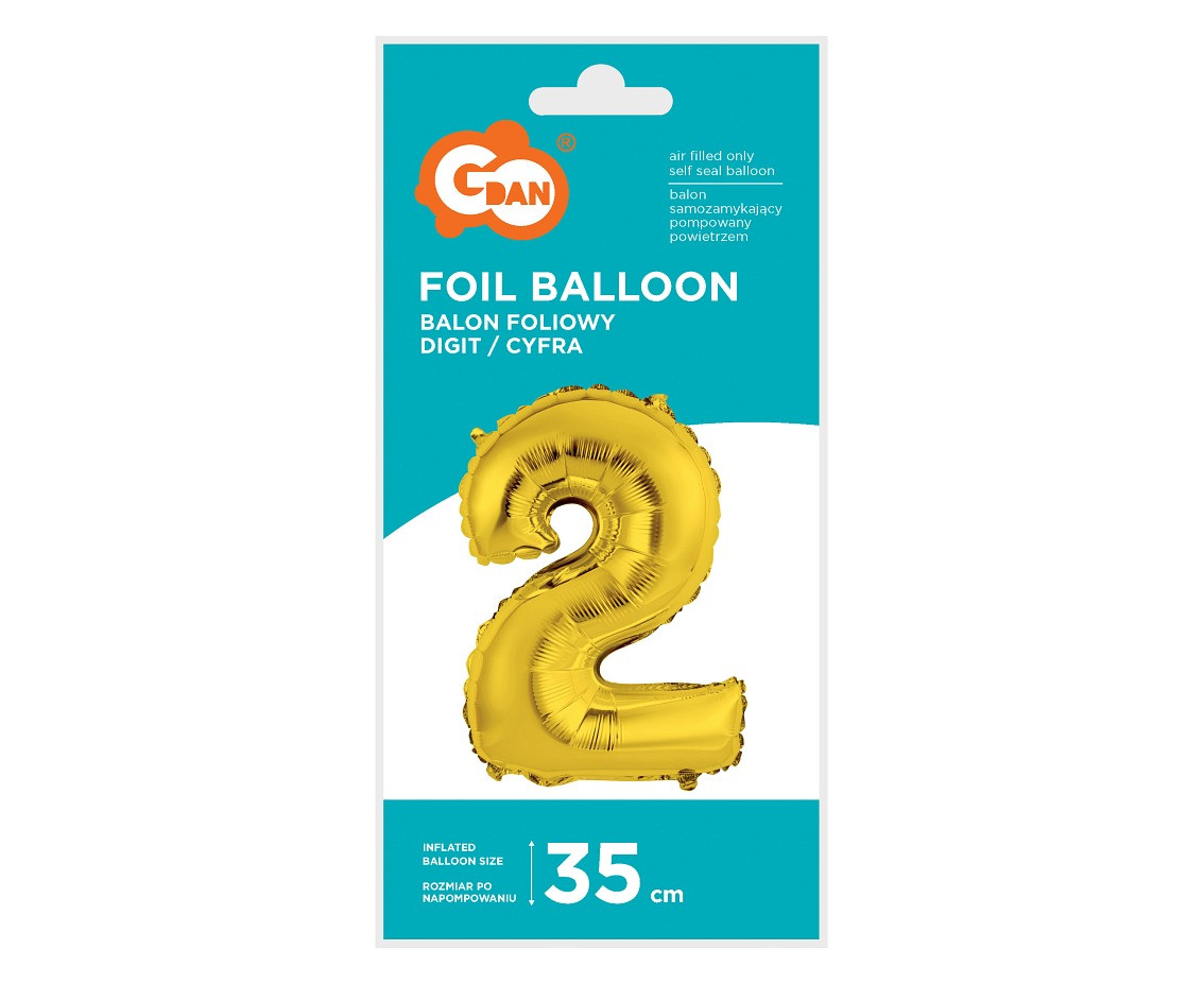 Foil balloon "Digit 2" , gold, 35 cm