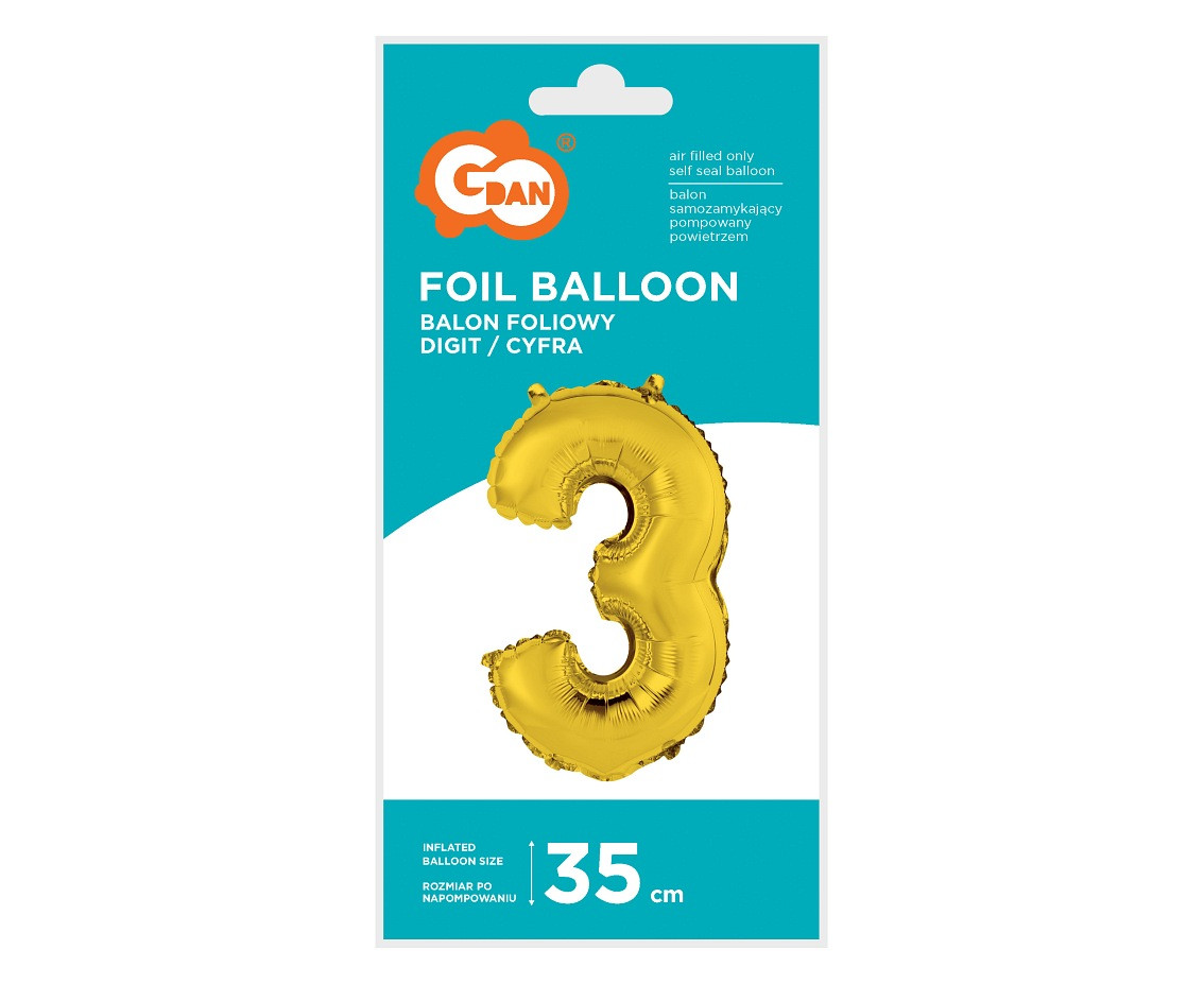 Foil balloon "Digit 3" , gold, 35 cm