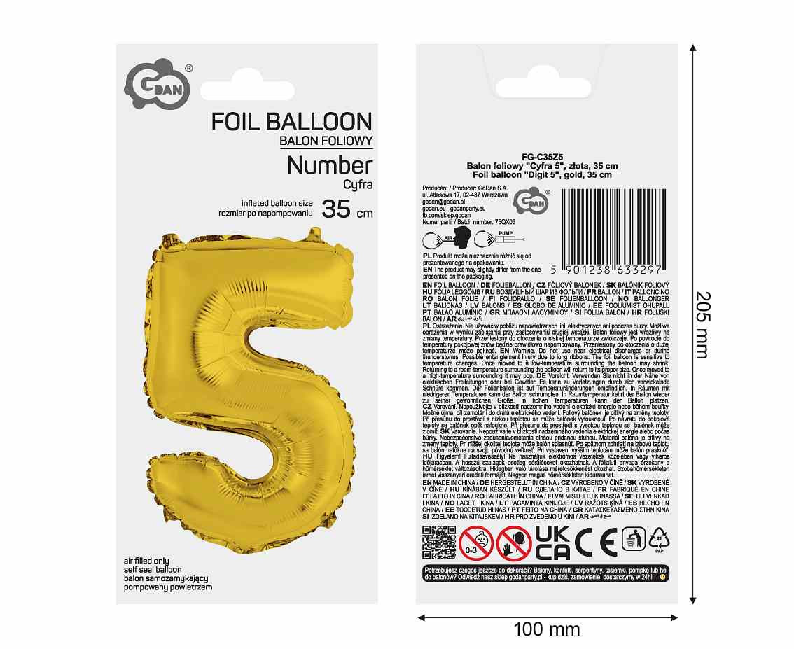 Foil balloon "Digit 5" , gold, 35 cm