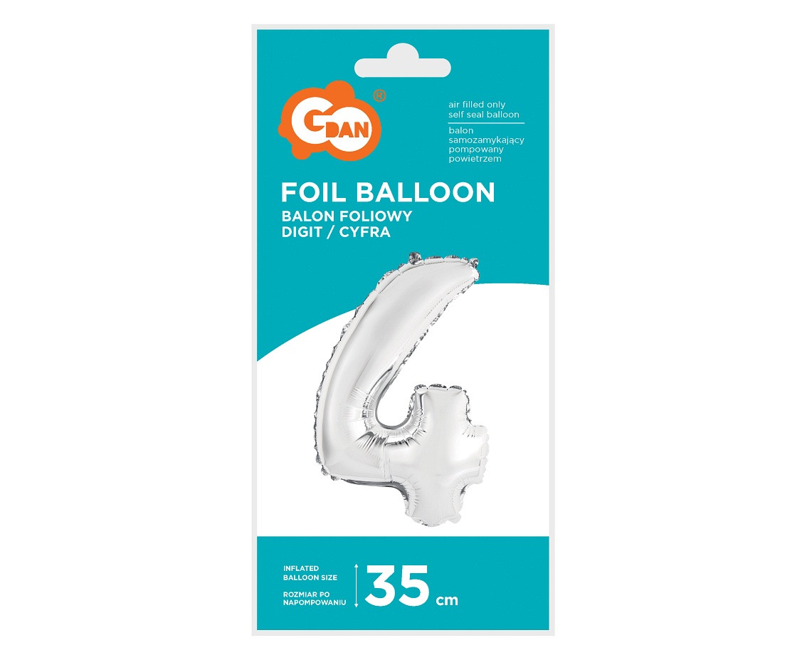 Foil balloon "Digit 4" , silver, 35 cm EOL