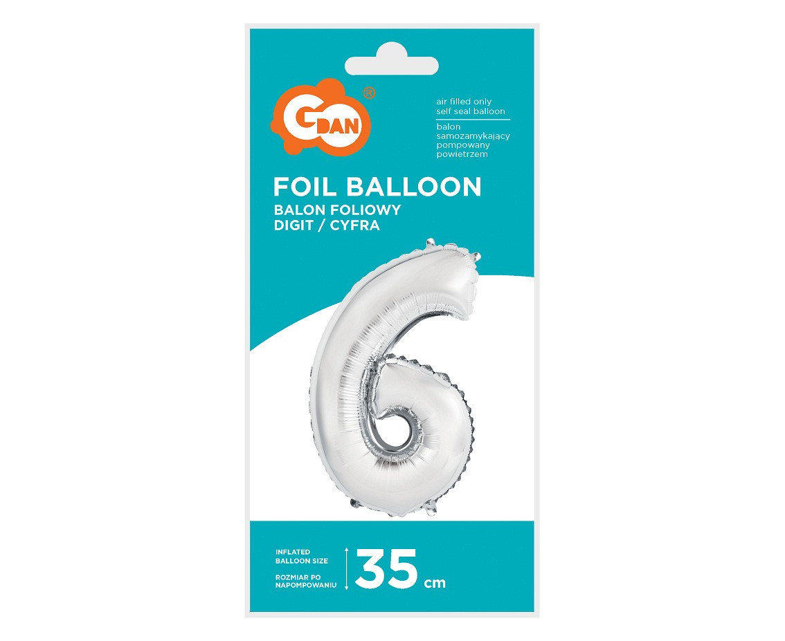 Foil balloon "Digit 6" , silver, 35 cm EOL