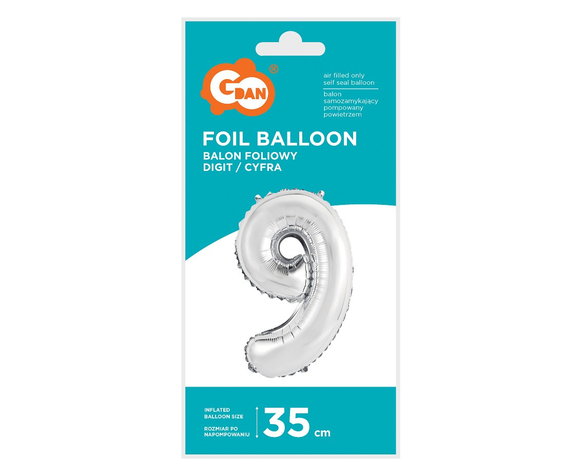 Foil balloon "Digit 9" , silver, 35 cm EOL