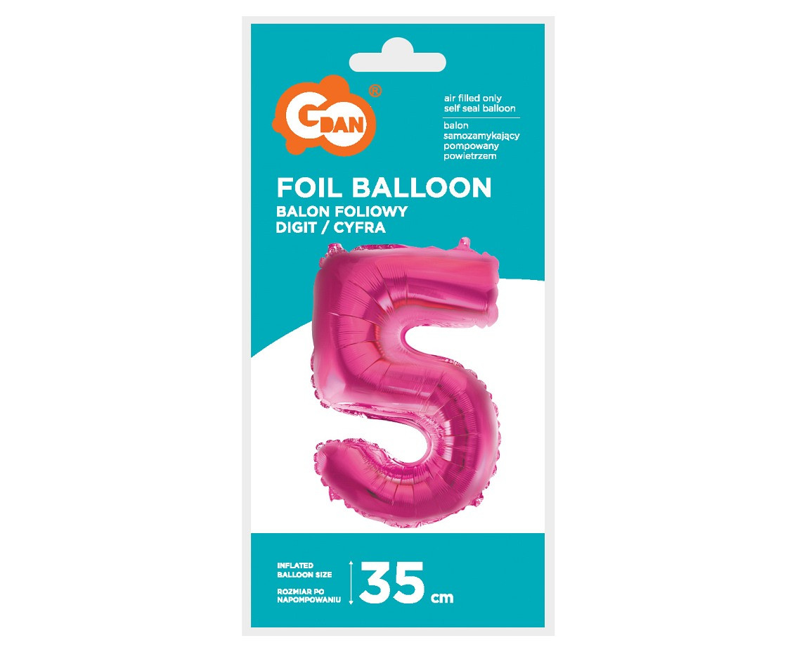 Foil balloon No 5, pink, 35 cm EOL