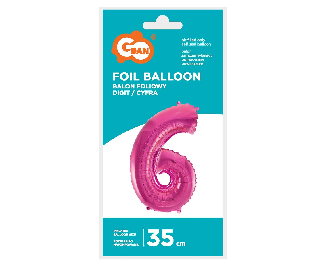Foil balloon No 6, pink, 35 cm EOL