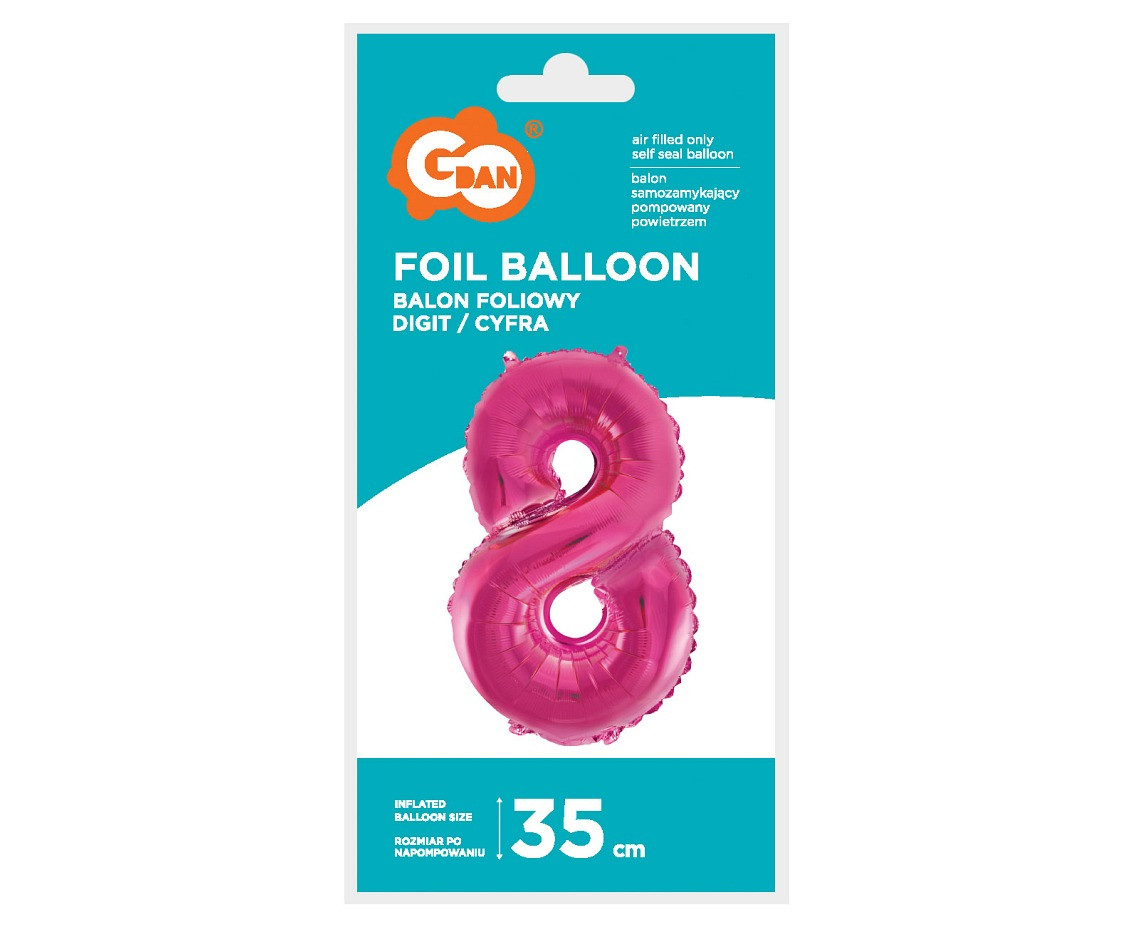 Foil balloon No 8, pink, 35 cm EOL