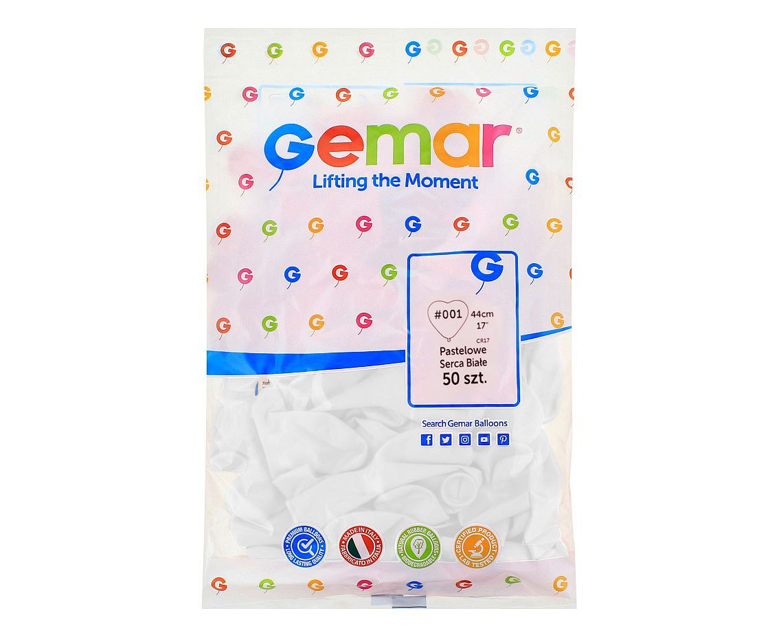 Balloons Gemar 17", CR pastel large heart white, 50pcs