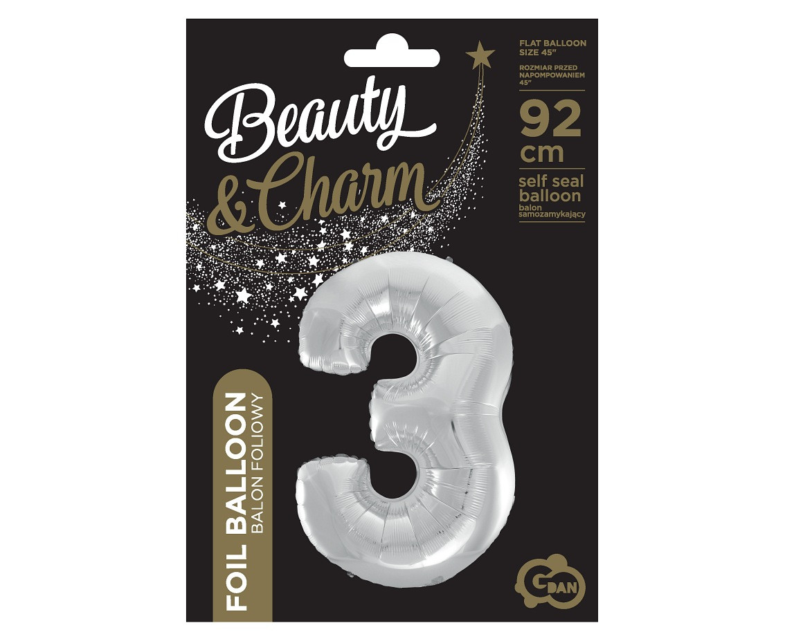Foil balloon B&C digit 3, silver, 92 cm